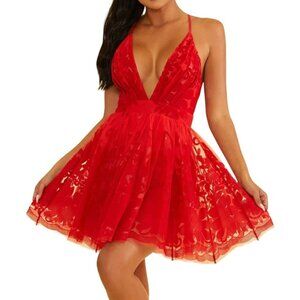 🟣🟣 Luxxel By Alfredo Barraza Womens Red V-neck Lace Mini Formal Gown Dress